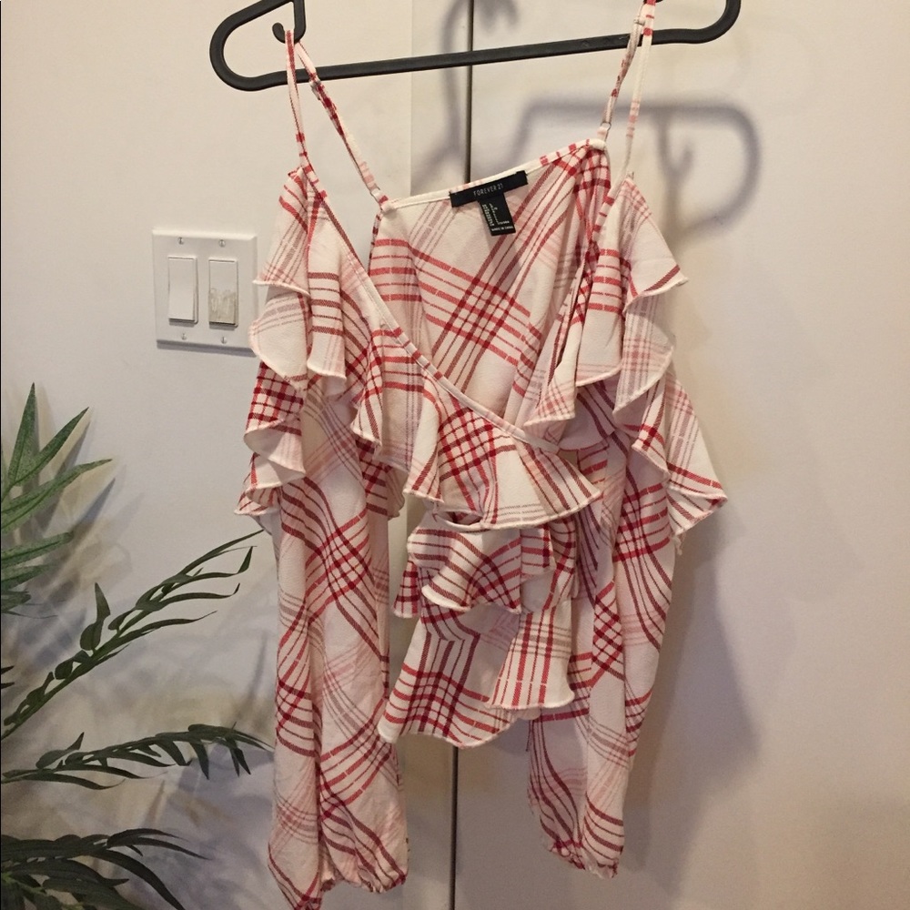 f21 21 ruffle wrap plaid blouse size L red/white